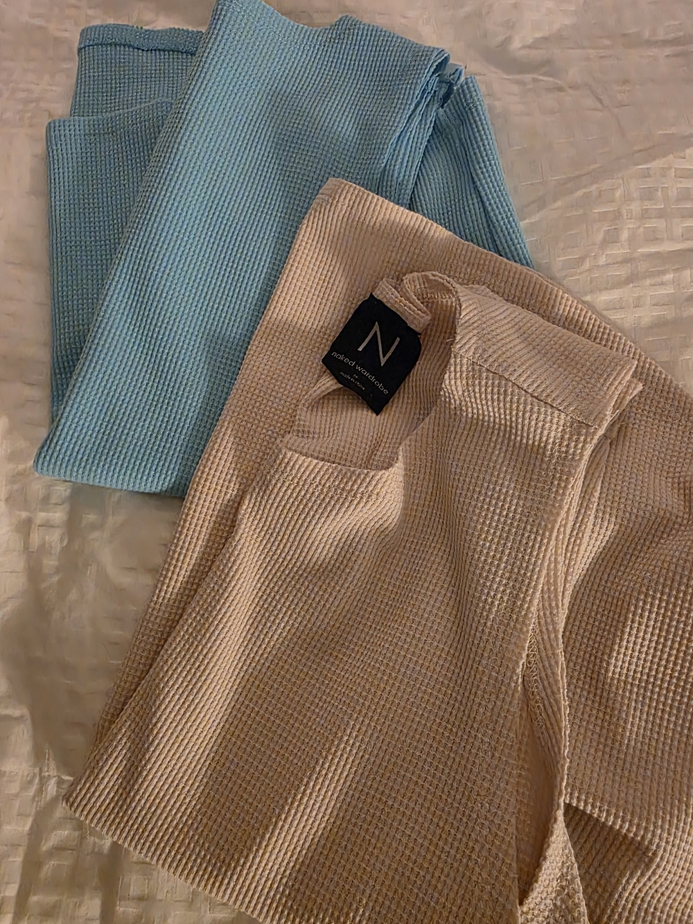 Naked Wardrobe Waffle Knit Tank Top in Light Cream And Teal Blue 1X And 2X